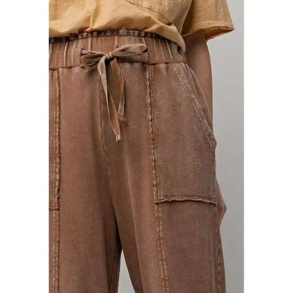 Chill Vibes Mineral Washed Terry Knit Wide Leg Pants in Choco Brown - Picture 5 of 5